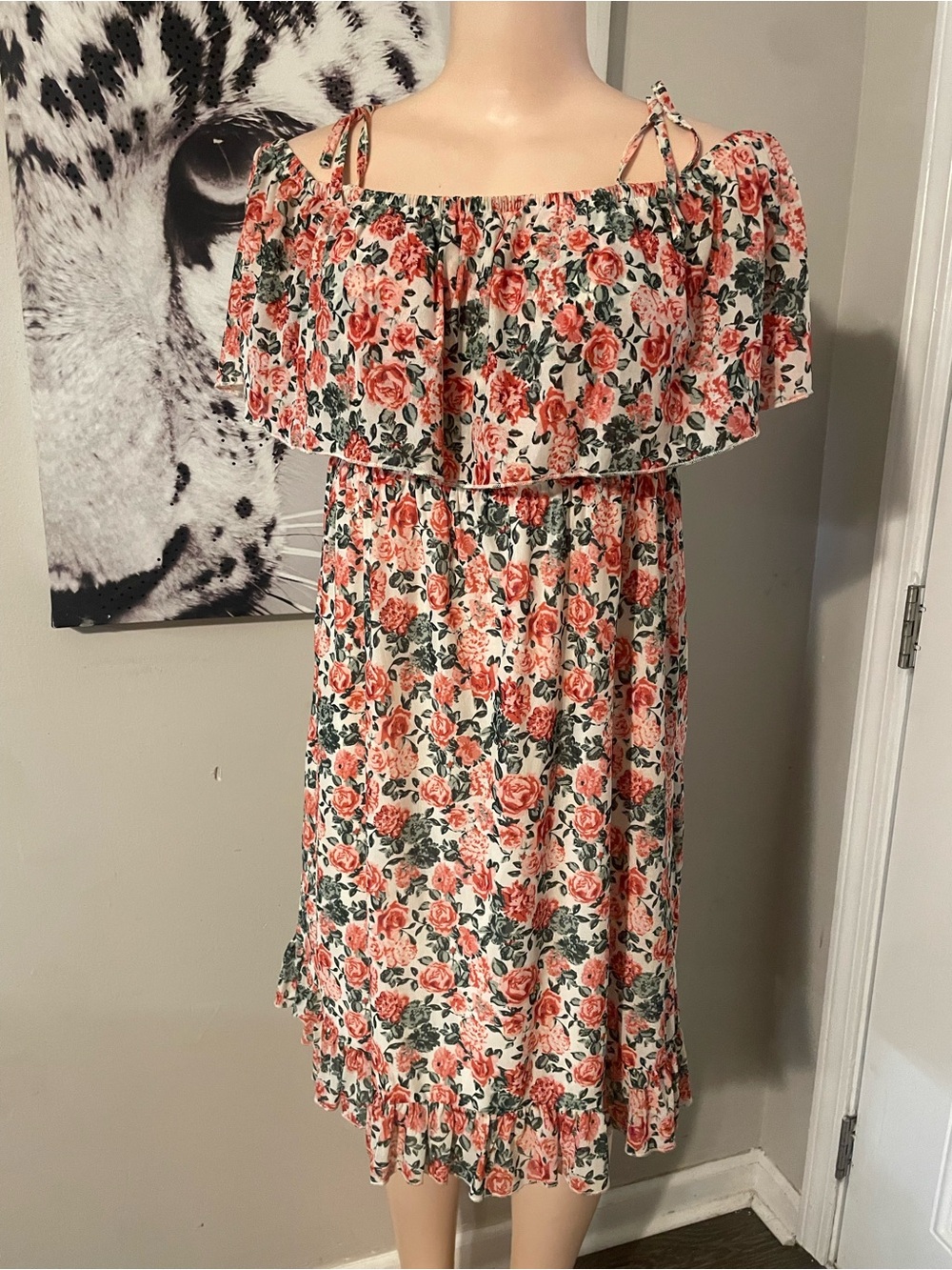 Siren Lily Maternity off-the-shoulder midi dress neck ruffle Large Floral preg